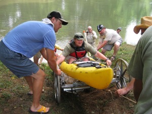 "The Crawford Crawler" in action. A specially-designed boat launch and friends helped Crawford enter and exit the river each day--even in locations with very steep banks and no boat ramps.  